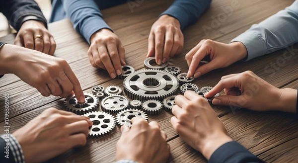 Fototapeta Business team joining hands while working together in an office setting