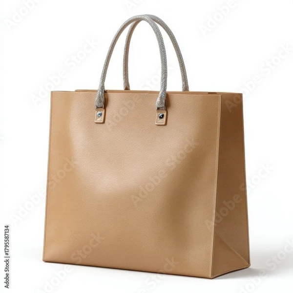 Fototapeta Light brown tote bag with braided handles isolated on white isolated on white background