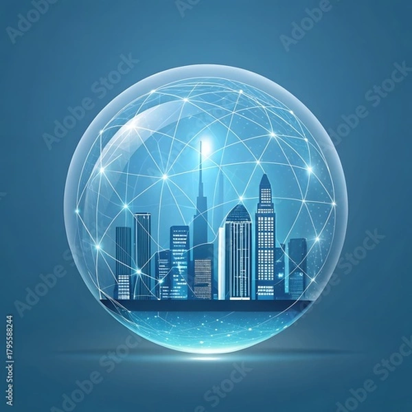 Obraz Futuristic cityscape enclosed in a digital network sphere
