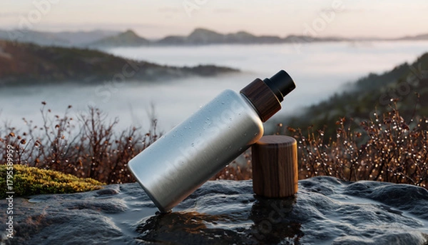 Obraz Aluminum spray bottle with wood cap in a misty mountain landscape

