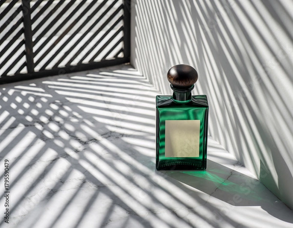 Obraz Green glass perfume bottle with blank label in striped sunlight shadows
