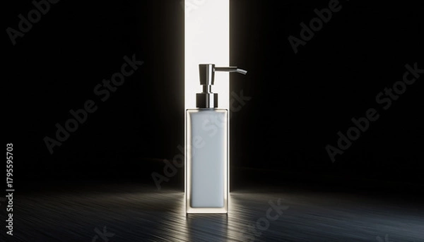 Obraz Modern white cosmetic pump bottle mock-up with a silver dispenser dramatically silhouetted by a bright vertical backlight on a dark, reflective surface
