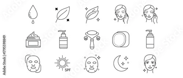 Fototapeta Skincare routine elements in line art style for beauty and wellness presentations