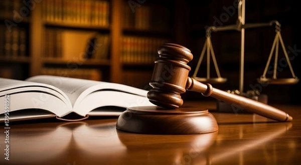 Fototapeta Law and justice concept: Gavel, scale and open book on desk.