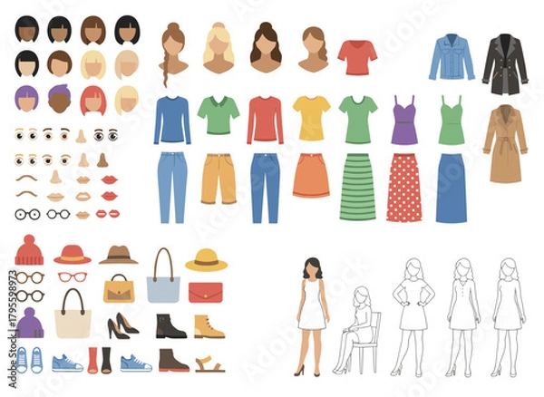 Fototapeta A stylish young woman character set or animation kit, including body parts, trendy clothing, hairstyles, and facial expressions, featuring a female cartoon character with front, side, and back views