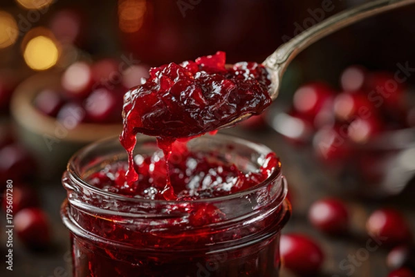 Obraz Cranberry sauce dripping from a spoon into a glass jar.