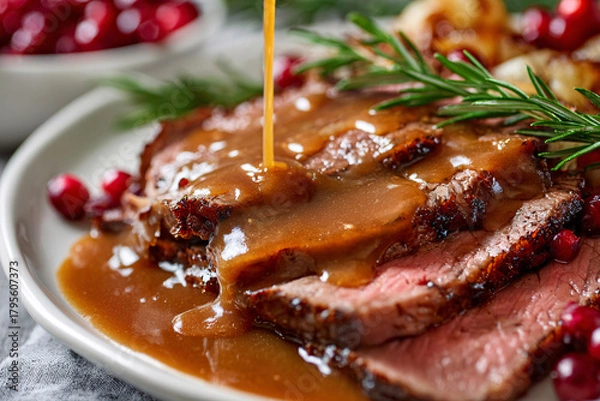 Fototapeta Roast beef with gravy, cranberries, and rosemary on a white plate.