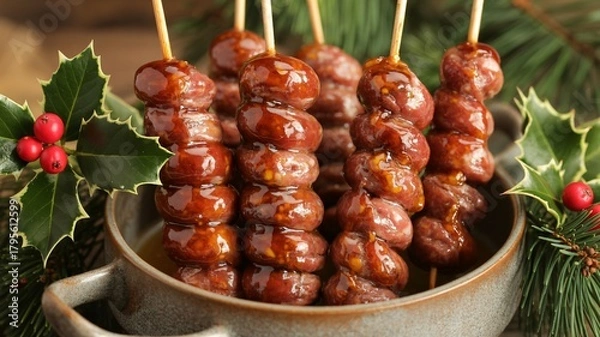 Obraz Sweet Glazed Holiday Appetizers Festive Sausage Skewers Party Delight