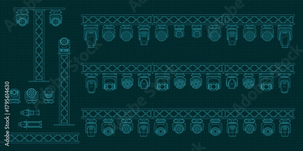 Fototapeta Technical blueprint illustration of multiple stage lighting fixtures mounted on truss structures. Detailed line-art set of moving heads, spotlights and rigging elements for professional stage design