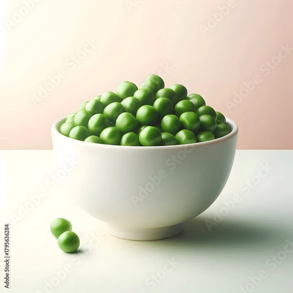 Fototapeta a simple white bowl filled with steamed green peas, clean arrangement, natural sheen, soft pastel background. Simple, commercial, realistic, no additional styling