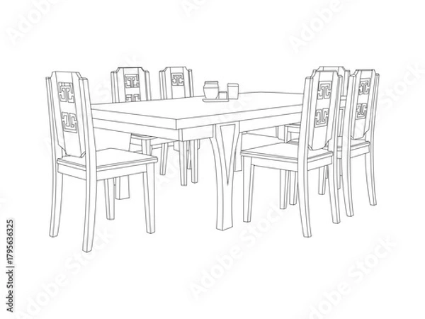 Fototapeta Line art illustration dining table and chairs, perfect for furniture catalogs, interior design projects,
home decor guides, architectural visuals, posters, and vector design use.
