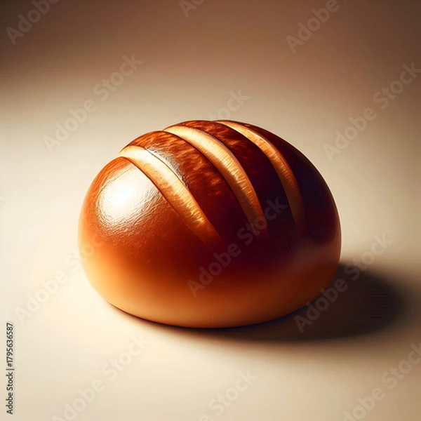 Obraz A single artisan bread roll with a glossy top, subtle golden crust, placed on a soft beige background. Minimalistic, clean food styling, realistic texture, warm editorial lighting