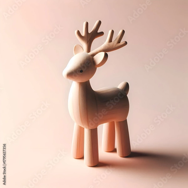 Obraz Small wooden reindeer figurine with smooth finish, isolated on a soft pastel background, nordic and modern holiday style