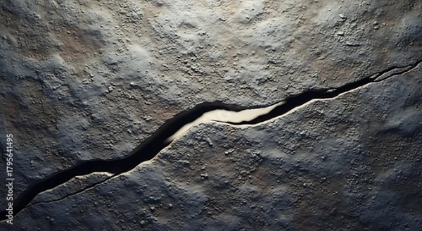 Fototapeta Detailed View Of A Deep Geological Fissure Cutting Through Rough Textured Earth Surface Showing Intense Erosion And Granular Rock Structure With Dramatic Shadowing And Natural Weathering Eff