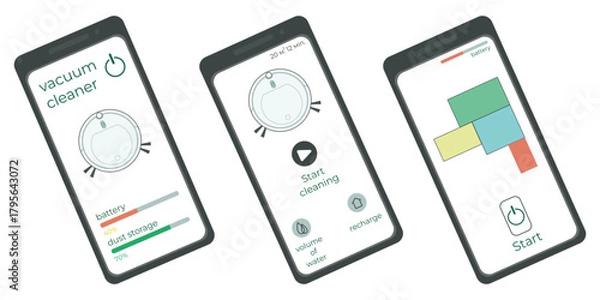 Obraz Set, 3 mobile phones, app, robot vacuum cleaner control, cleaning, apartment plan, button, robot vacuum cleaner, charging station