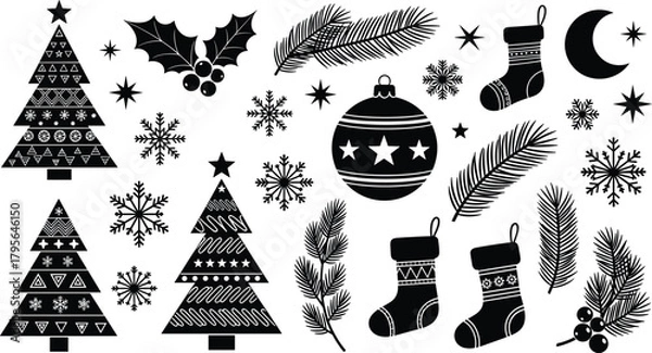 Fototapeta Christmas, silhouette, icon, vector, black, tree, snowflake, stocking, ornament, pine, star, moon, holly, festive, winter