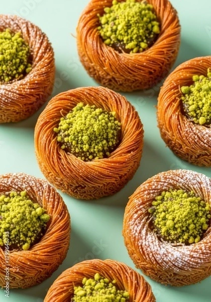 Fototapeta Sweet Bird Nest Pastries - A delectable arrangement of bird nest pastries topped with pistachio crumbles, set against a solid light green background