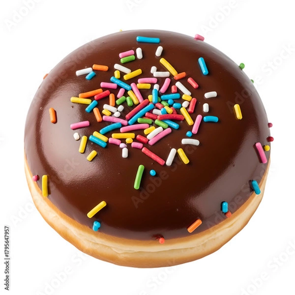 Obraz Chocolate glazed donut with rainbow sprinkles isolated PNG — great for dessert ads, bakery packaging, food illustrations, and colorful sweet-themed graphics.