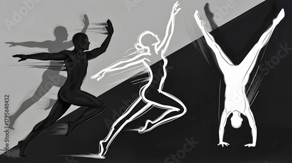 Fototapeta Expressive Motion Silhouettes of Human Figures in Running and Handstand Poses