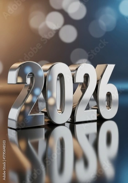 Fototapeta Year Two Thousand Twenty Six - Silver numbers spelling 2026 with bokeh lights in the background on a reflective surface