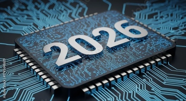 Fototapeta 2026 Microchip Technology Concept - Illustration of a microchip with the year 2026, symbolizing future technology and advancements
