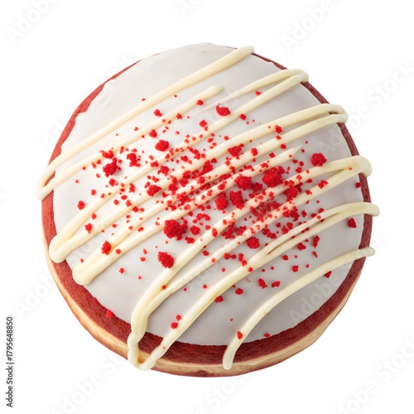 Fototapeta Red velvet donut with white icing drizzle and red crumbs isolated PNG — ideal for dessert menus, bakery ads, sweet treat packaging, and food design projects