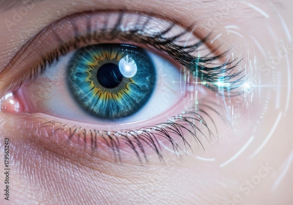Fototapeta Human eye, intricate blue-green iris, ultra-high resolution, clean high-key backdrop with abstract digital elements and bokeh, concept of advanced vision and technology