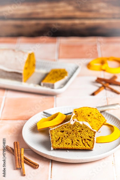 Obraz Pumpkin spice cake with fresh pumpkin and sugar frosting