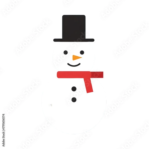 Obraz Cute cartoon snowman wearing a black top hat and red scarf with a smiling face against a black background