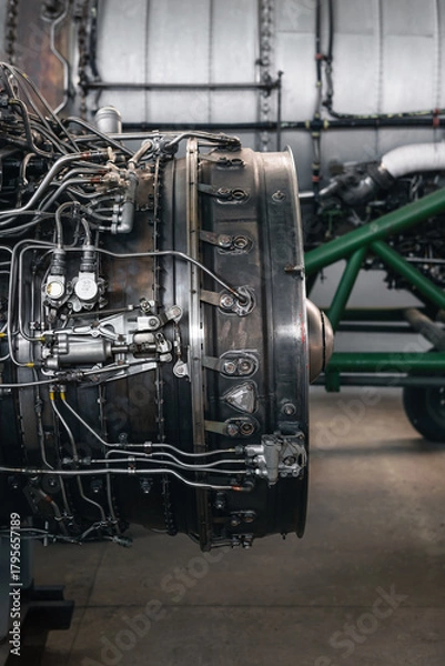 Fototapeta Airplane engine maintenance. Side view of old jet engine without cowling on a stand, another bigger engine in the background.