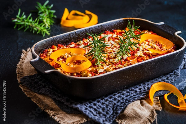 Fototapeta Vegetable casserole with pumpkin and sheep's cheese