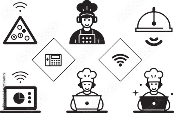Obraz Smart kitchen and E-Commerce icon set. Online service, remote cooking, digital food service.