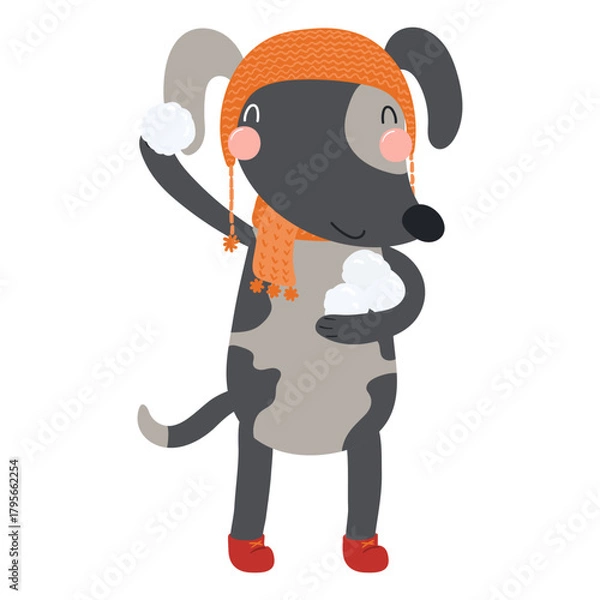 Obraz Dog in a hat, throwing snowball isolated on transparent. Hand drawn flat vector illustration. Cute cartoon character. Traditional Christmas, New Year design element, clip art