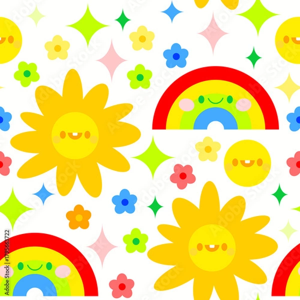 Obraz Children's bright multicolor seamless pattern of smiling suns and a rainbow of flowers