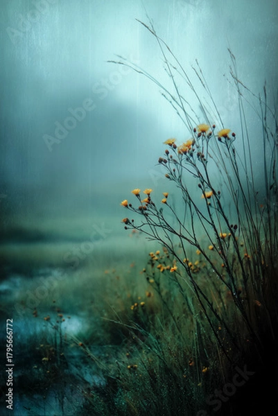 Obraz Golden Wildflowers in Ethereal Morning Fog