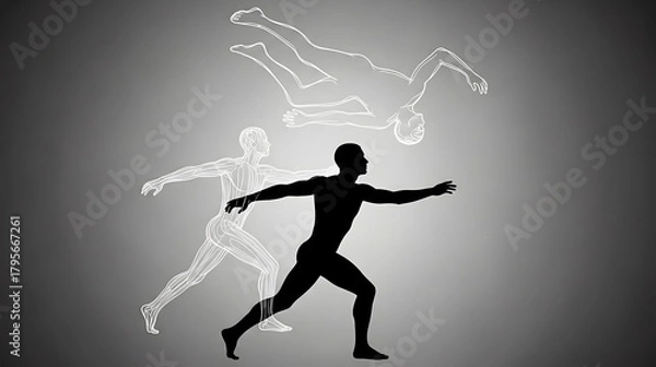 Fototapeta Dynamic Human Silhouettes and Motion Outlines in Running and Falling Poses