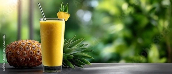Obraz Refreshing Pineapple Smoothie with Fresh Fruit and Green Background