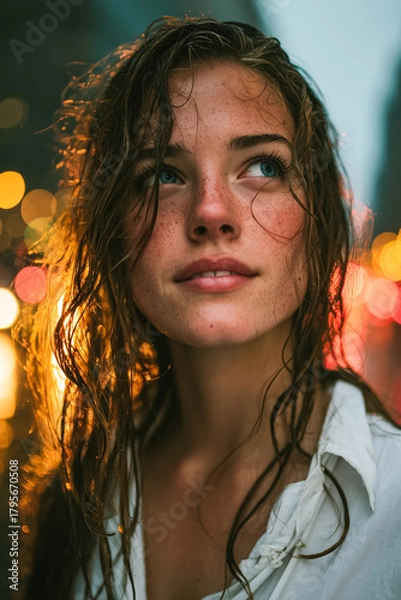 Obraz Young woman with wet hair and freckles in a vibrant city night