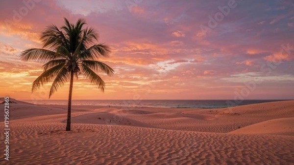 Fototapeta Tropical beach with palm tree during sunset or sunrise, sandy dunes and colorful sky.