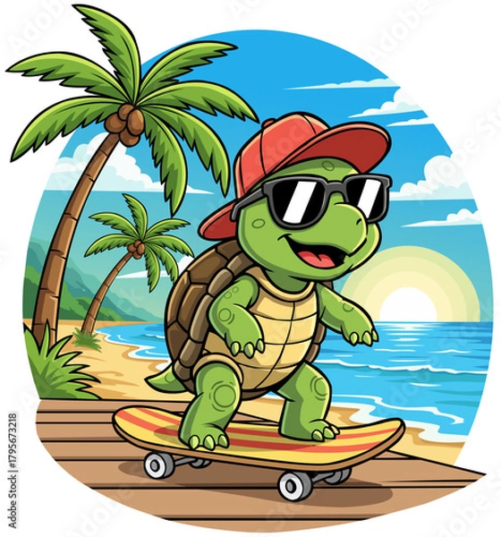 Fototapeta Tropical Beach Skater Turtle, A fun and colorful illustration of a turtle skating at a sunny tropical beach. Perfect for summer lovers, skateboarding fans, kids, and anyone who enjoys bright, cheerful