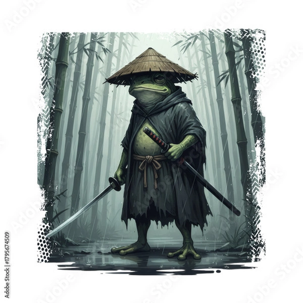 Fototapeta A fierce frog samurai standing in a rainy bamboo forest, holding a katana. A unique mix of Japanese warrior aesthetics and amphibian character art
