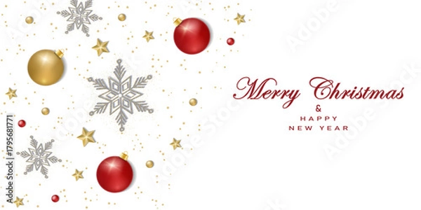 Fototapeta Greeting card with christmas  snowflakes made from gold glitter, stars and gold and red christmas balls on white background.New year them. Vector illustration.