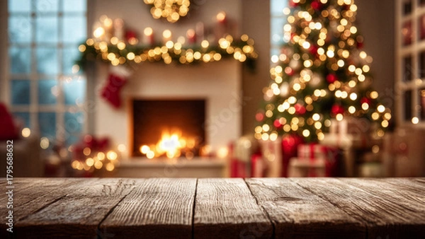 Fototapeta Cozy Christmas room featuring burning fireplace, blurred holiday lights, evergreen tree with ornaments, window backdrop, gift boxes and natural wooden tabletop.