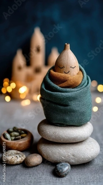 Fototapeta A small house model is gently wrapped in a knitted scarf, resting on a soft surface, with snowy scenery visible through the window