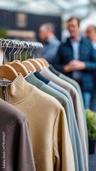 Fototapeta Rows of fashionable clothes in different styles are neatly hung, inviting shoppers to browse a colorful selection of fabrics and designs