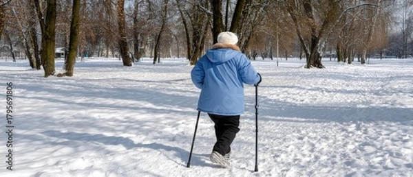 Fototapeta An elderly person strolls down a peaceful pathway, enjoying nature and the tranquility of a sunny day by the water