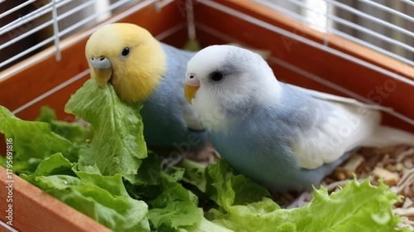 Fototapeta Bright blue and yellow budgerigars munch on fresh parsley in their comfortable space, showing lively interaction and enjoyment