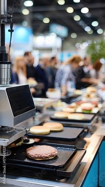 Obraz Bread loaves travel on a conveyor belt in a bakery, highlighting the process of mass production in a busy, well-lit environment