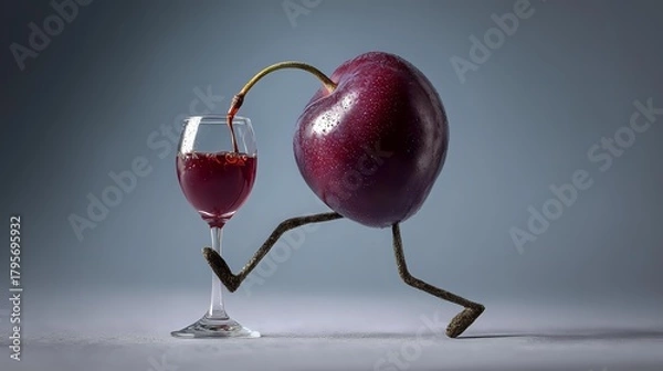 Fototapeta Whimsical plum character pouring juice into a glass creative food concept playful still life on a gradient background
