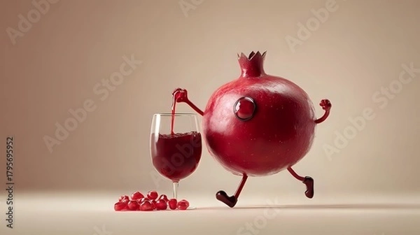 Fototapeta Playful pomegranate character pouring juice into a glass whimsical and vibrant perfect for food blogs and healthy lifestyle promotions
